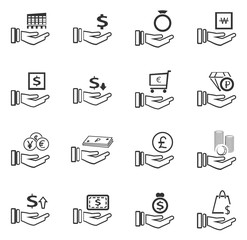 Hand and money icons set