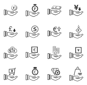 Hand and money icons set