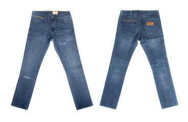 Blue jeans isolated on white background, Front and rear for design work