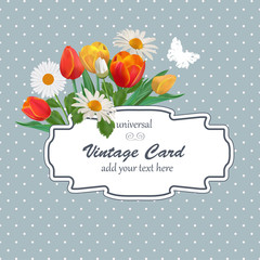 Spring Vintage Illustration with Flowers. Universal  Card Templa