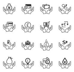 Hand and money icons set