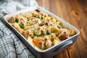 Vegetable casserole with potatoes and meatballs 