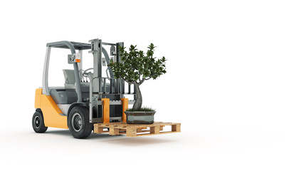 Modern forklift truck with small tree