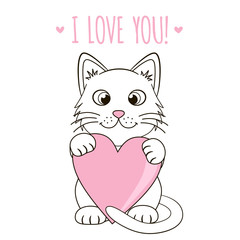 Cute kitten with pink heart. Loving cat.