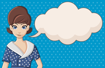 Retro woman wearing vintage clothes talking.