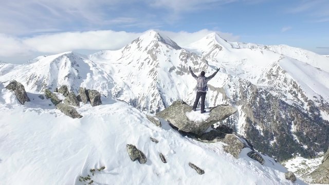 Young Man Worship Pose Arms Thanks Giving Beautiful Nature Winter Mountain Range Religion Christianity Concept Aerial