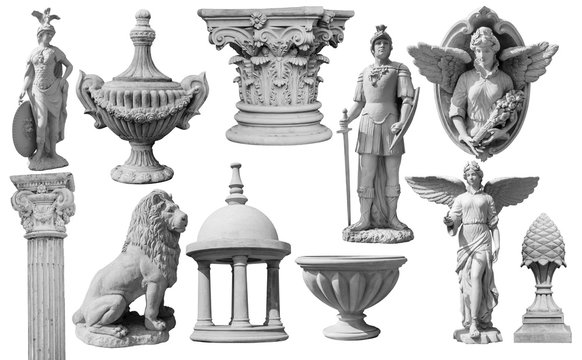 Collection of statues isolated on white background, image include clipping path for remove background