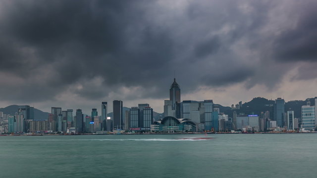 stormy sky hong kong city bay panorama 4k time lapse china
