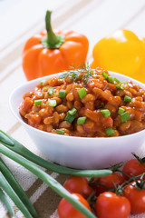 Braised beans with mushrooms, sweet paprka and cherry
