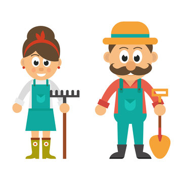 cartoon woman with a rake and man with shovel