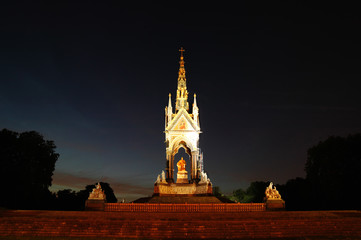 The Albert Memorial at night in Kensington, London, England, UK which was built between 1863 and...