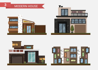 Vector flat illustration traditional and modern house. Family home. Office building. Private pavement, backyard with garage. Office architecture with beautiful plants and bushes.