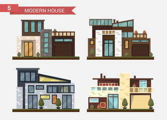 Vector flat illustration traditional and modern house. Family home. Office building. Private pavement, backyard with garage. Office architecture with beautiful plants and bushes.