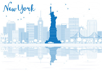 Fototapeta premium Outline New York city skyline with blue buildings.