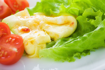 Silky omelette with cheese and chili sauce
