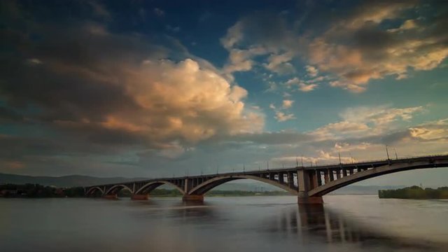 sunset sky krasnoyarsk city yenisei river bridge panorama 4k time lapse russia
