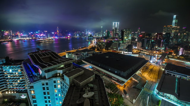 high nigh light hang kong city bay 4k time lapse china
