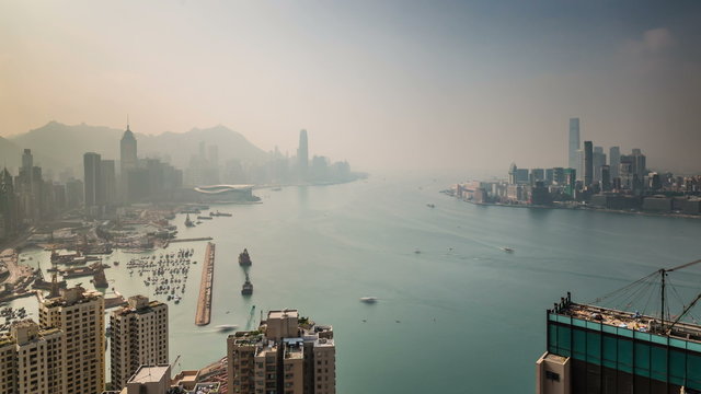sun fog hong kong day river port bay panorama 4k time lapse china
