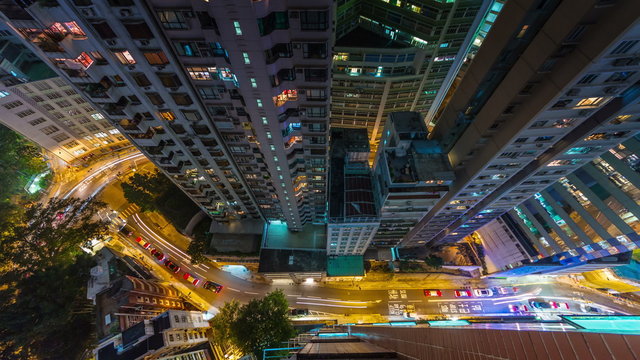 hong kong night light traffic street down from roof top 4k time lapse china

