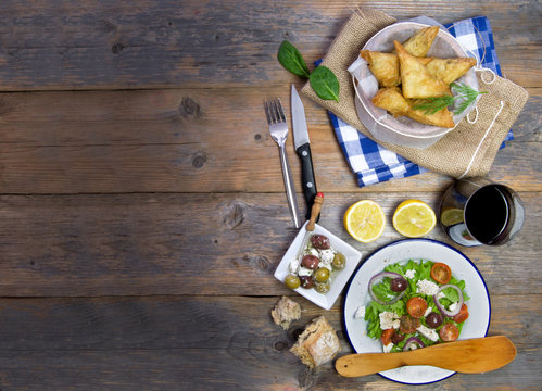 Greek filo pastries and salad