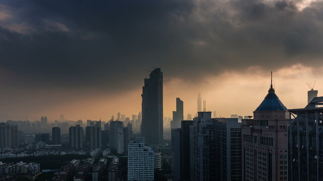 cloudy sunrise shenzhen roof top panorama 4k time lapse china

