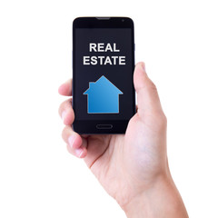 hand holding mobile smart phone with real estate application iso