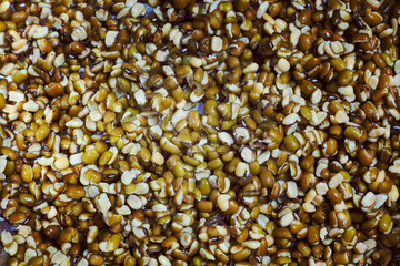 Close up of soaked moong dal chilka