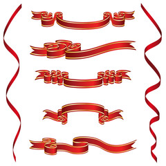 Set of Red Ribbons With Golden Stripes