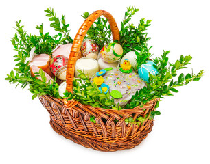Easter cakes colorful eggs in basket isolated