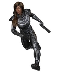 Future Soldier, Black Female, Running Forward - science fiction illustration