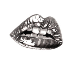 Realistic female lips. Pencil black and white illustration