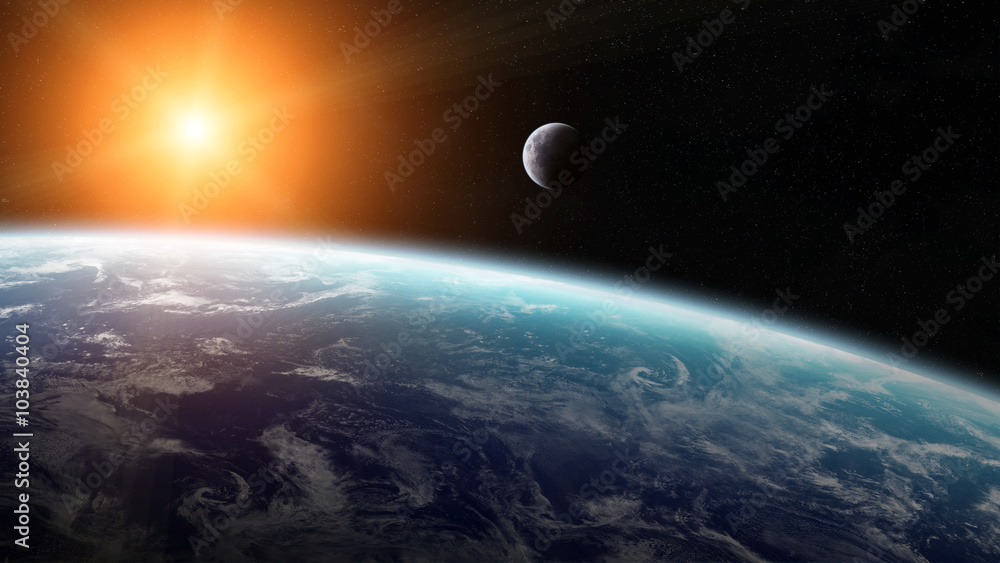 Poster view of the moon close to planet earth in space