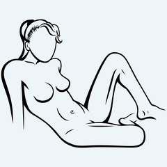 Sexy nude girl posing lying. Isolated on blue background. Vector silhouettes