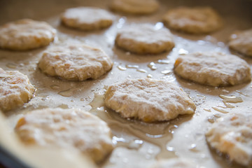Tasty homemade oat cookies on baking tray.