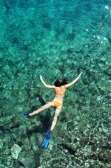 Above view of woman snorkeling in the sea