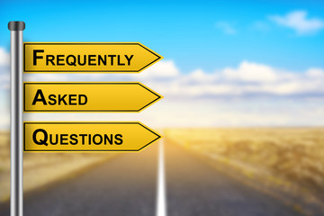 FAQ or Frequently asked questions words on yellow road sign