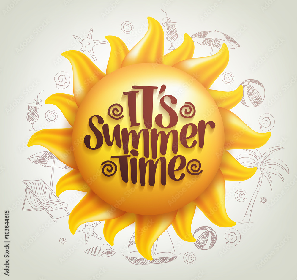 Poster 3d realistic sun vector with summer time title in a background with hand drawing summer elements. ve
