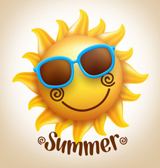 3D Realistic Happy Smiling  Cute Sun Vector with Colorful Sunglasses with Summer Title. Vector Illustration

