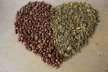 Heart of grains  black coffee and green tea leaves 