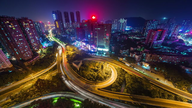 shenzhen night light high traffic crossroad roof top 4k time lapse china
