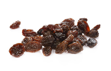 Dried raisins on a white background