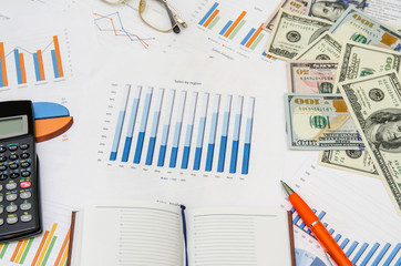 office scene:financial graph and chart, calculator, notepad, pen and money