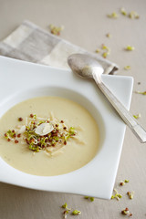 served in a square bowl potato creme soup