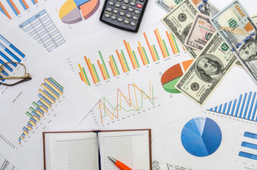 office scene:financial graph and chart, calculator, notepad, pen and money