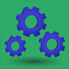 Three blue gears on a green background, vector illustration.