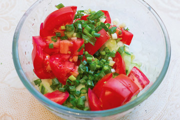 sliced tomatoes and green onion salad useful food, summer vegeta