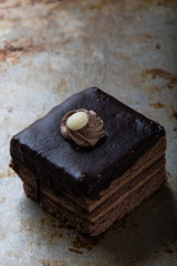 chocolate cake on steel plate