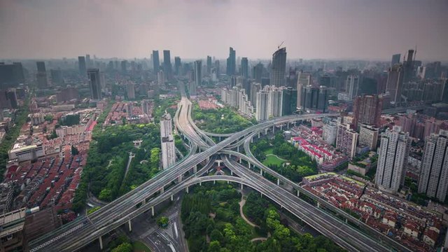 shanghai city roof top road junction traffic panorama 4k time lapse china
