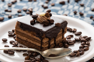 chocolate cake and coffee beans