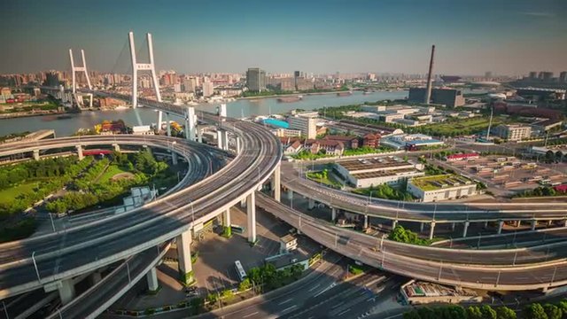 shanghai summer day industrial road junction panorama 4k time lapse china
